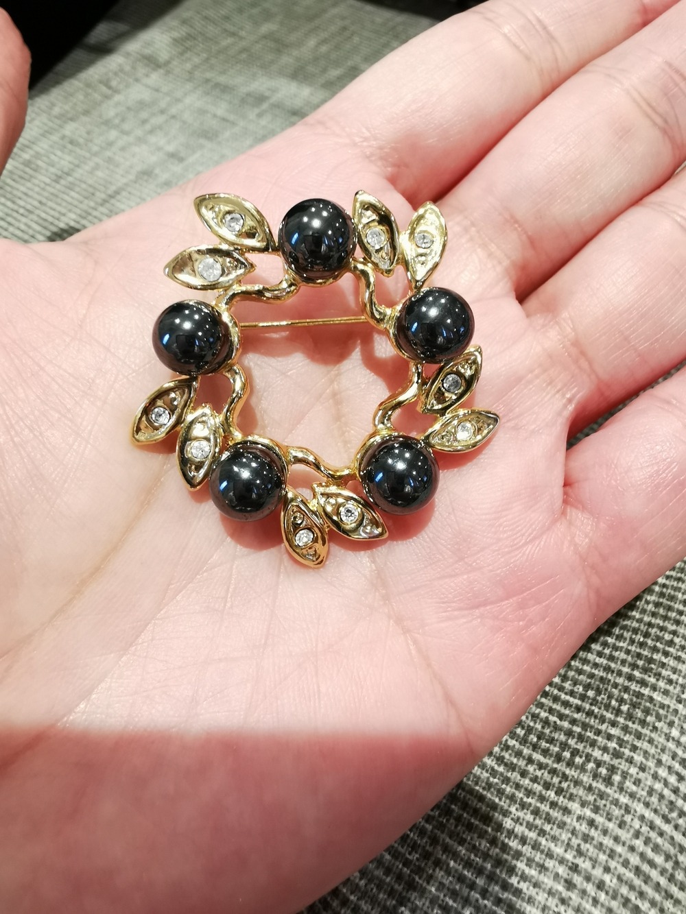 Gold-Tone Wreath Brooch with Hematite Balls